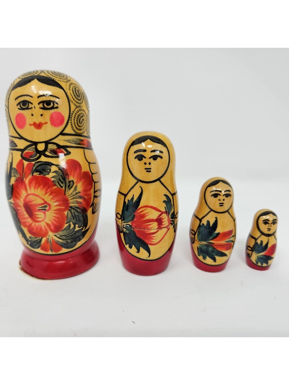 Vintage USSR Wooden Nesting Dolls Set Of 4 Matryoshka Babushka Hand Painted